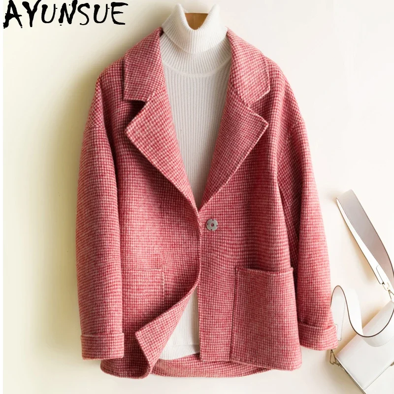 

AYUNSUE Plaid Wool Coat Women 2020 Short Autumn Winter Jacket Fashion 100% Double-sided Wool Coats Abrigos Mujer Elegante knx867