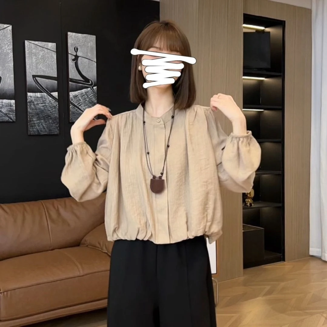 Women Long Sleeve Crew Neck Blouse Chic Elegant Loose Fit Slimming Casual Office Shirt 2026 Autumn Fashion Top