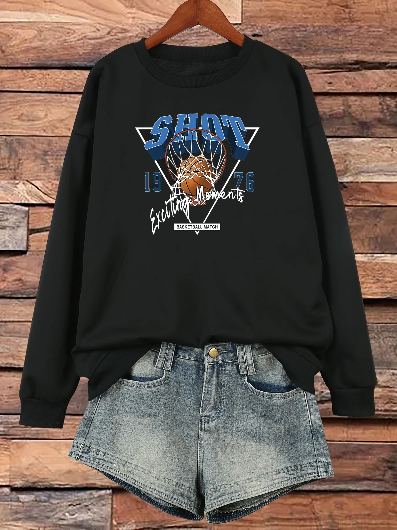 

Autumn Winter Casual Sweatshirt, Women's Basketball Shot Print Long Sleeve Drop Shoulder Round Neck Sweatshirt