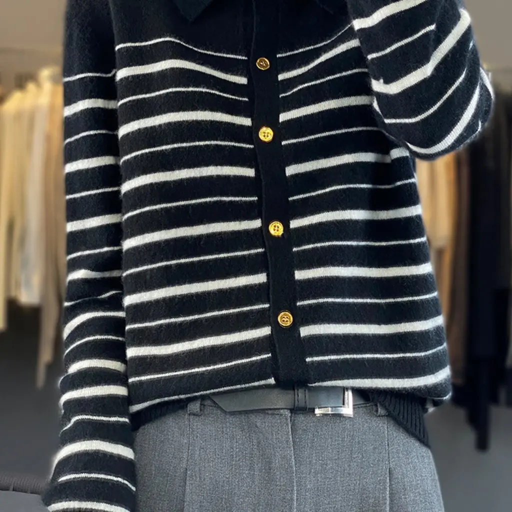 

Elegant Women's Wool Cardigan Polo Collar Striped Lapel Loose Long Sleeve Knitted Outer Sweater Age-Reducing Commuter Style
