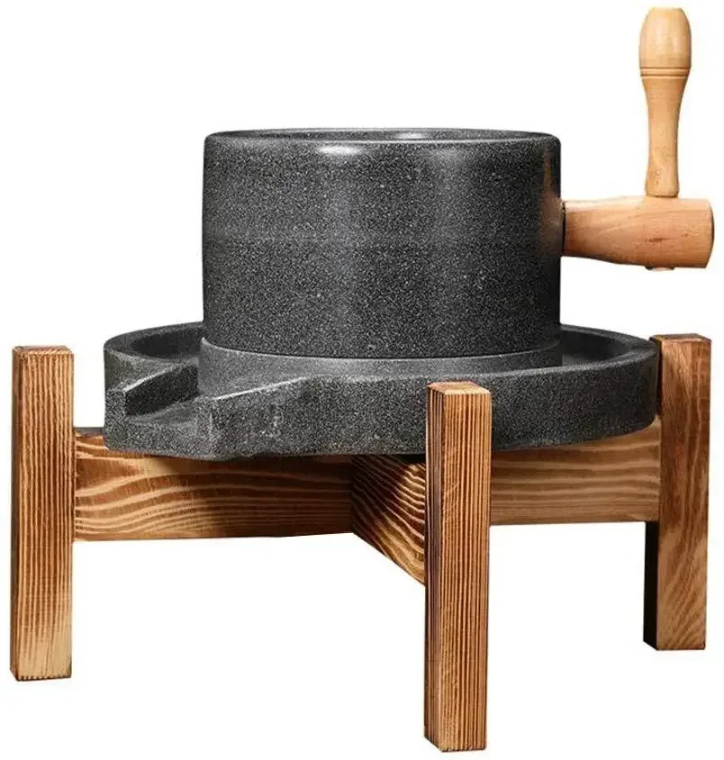 Natural Smooth Handmade Granite Mill/Grinder with Wooden Stand Used for Food Grains Spices