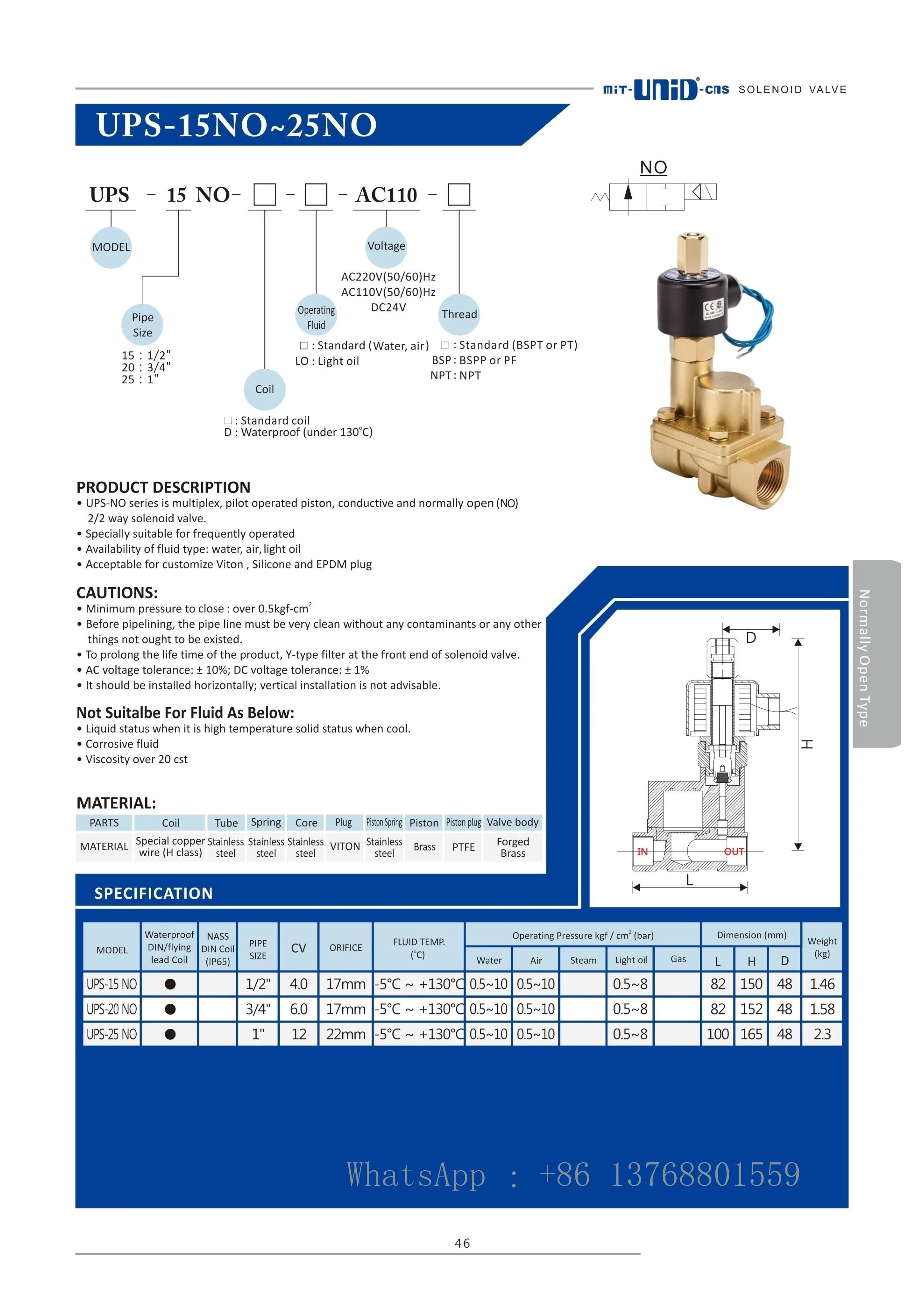 MIT-UNID-CNS Brand UPS-NO Series Normally Open High Frequency Operating Solenoid Valve UPS-15 NO,UPS-20 NO,UPS-25 NO