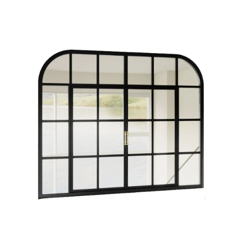 French retro arched window wrought iron, old bungalow art glass steel window indoor balcony pass door and window casement