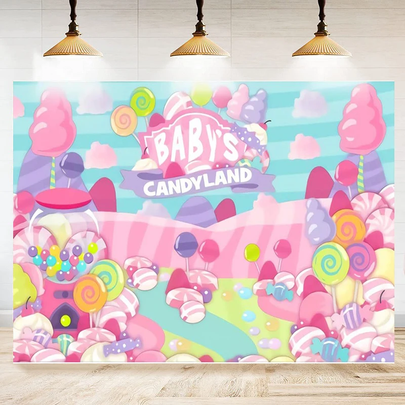 

Photography Backdrop Lollipop Candy Colorful Sweet Cartoon Dreamy Pink Candy World Birthday Decoration Banner