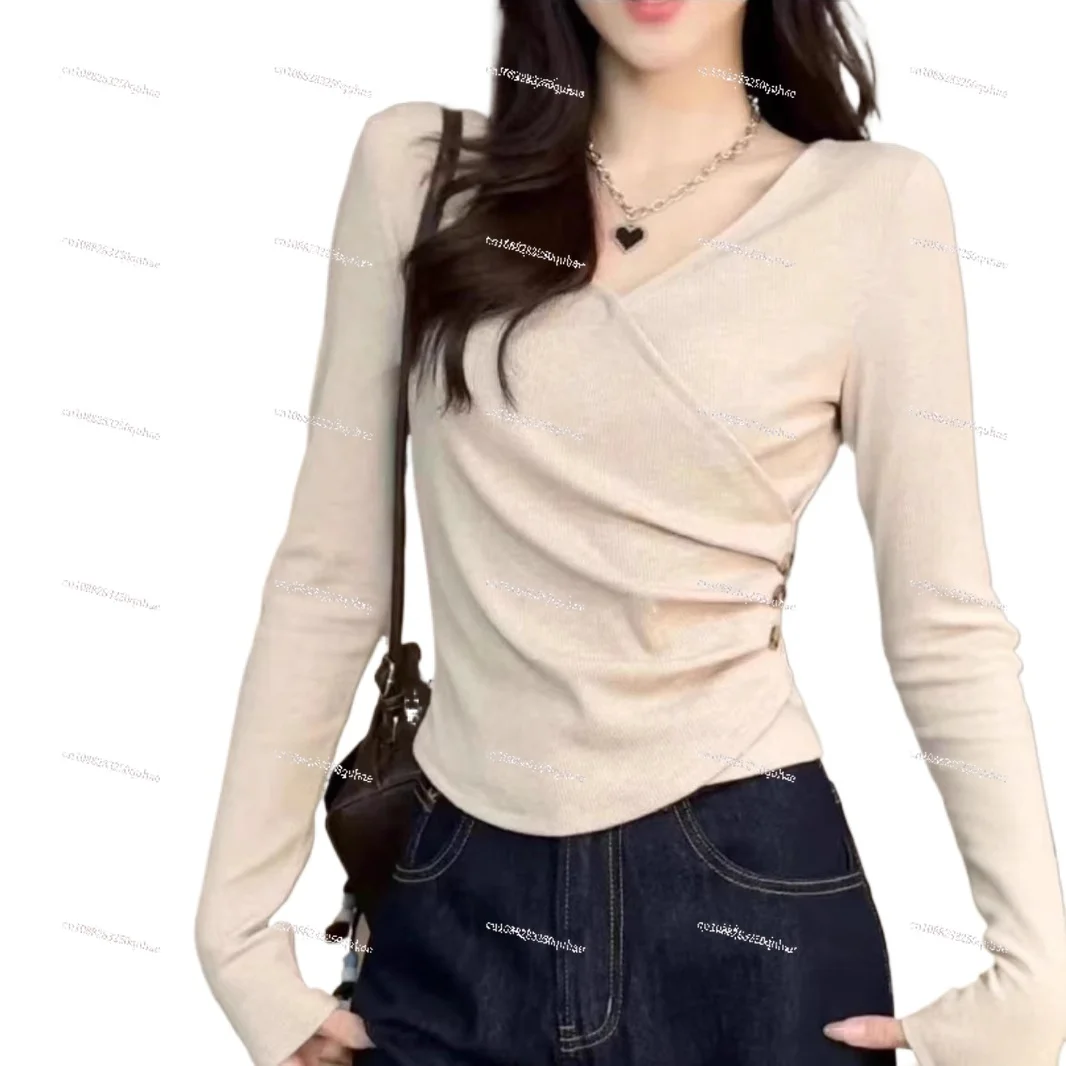 Camiseta de manga larga de color sólido de talla grande, camisa interior de primavera para mujer, top con hombros finos y cobertura de carne de MM gorda