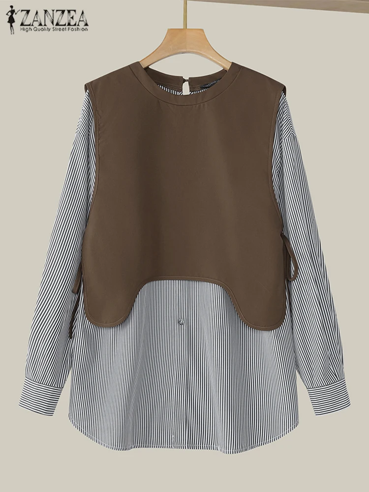 

ZANZEA 2025 Autumn Spliced Tops Casual Loose Striped Shirt Women Long Sleeve Layered Blouse Holiday Fake Two Pieces Blouses