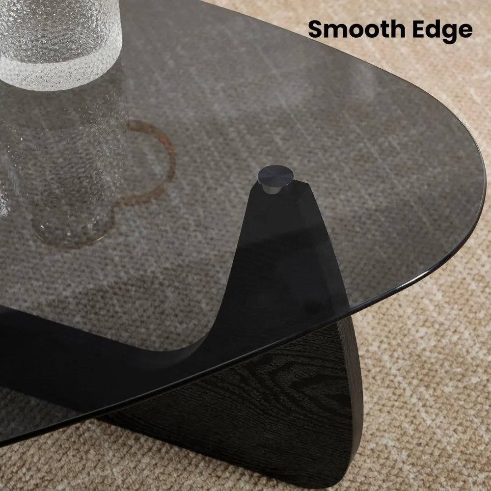 Modern Triangle Glass Coffee Table, 16 Inch High Glass Top Abstract Small End Table with Solid Natural Wood Base, Tea Tab