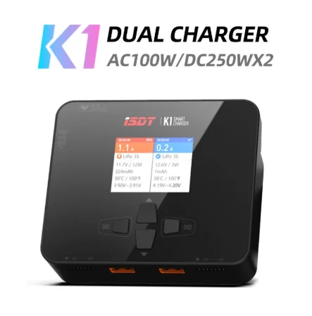 

ISDT K1 AC 100W DC 2X250W 10Ax2 Dual Channel Balance Charger Discharger 2.4 Inch IPS Screen for Lipo LiHv NiMh Pb Battery