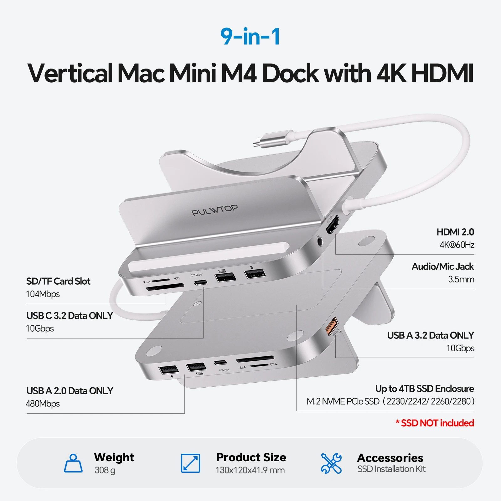 PULWTOP Mac Mini M4 Dock with 4TB M.2 SSD Enclosure & HD4K, USB-A/C 10Gbps, SD/TF for Mac Mini M6, M5 Pro, M4/M4 Pro