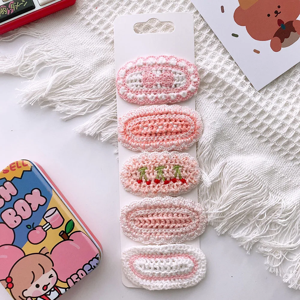 5pcs Crochet Side Bangs Clips Y2k Knitted Hair Clip Handmade Floral Weave BB Clip Barrettes Kids Girls Headwear Hair Accessories