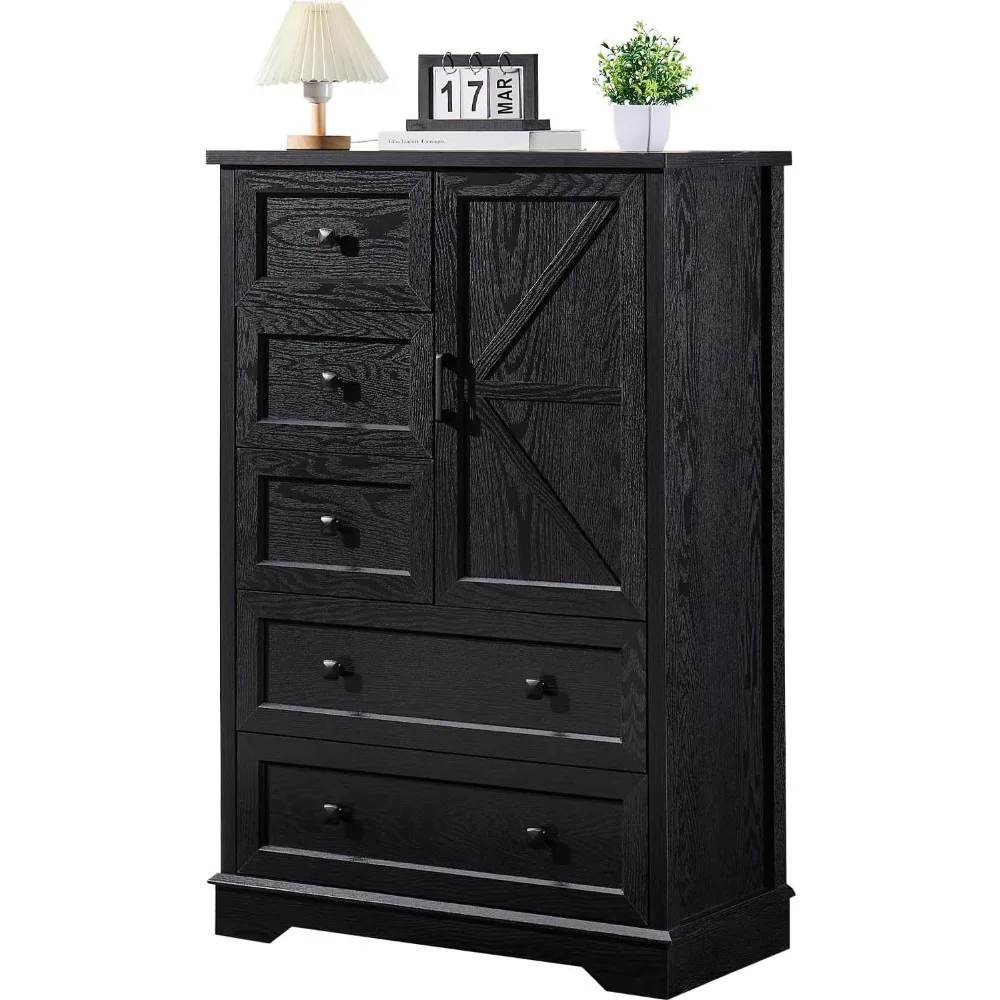 Dresser for Bedroom, 48 Inches Tall Dresser with 5 Drawers and Double Storage Cabinet, Wood Black Dresser for Bedroom, Hallway