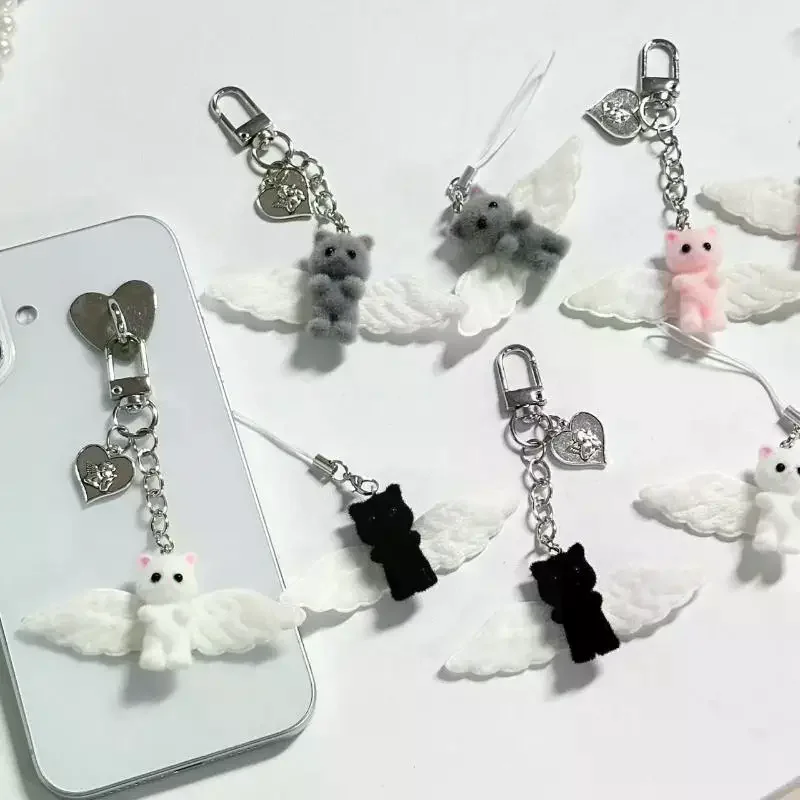 Porte-clés ailes d'ange pelucheux, chaton floqué, chaîne de téléphone Kawaii, lanière Anti-perte, pendentif de sac, décor cadeau