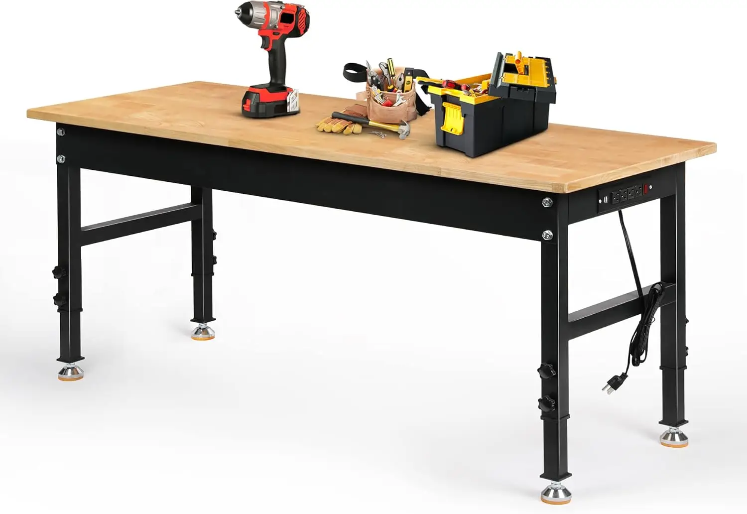 

Height Workbench, 60" Rubber Wood Top Heavy Duty Workstation with Power Outlets, 2000 LBS Load Capacity Hardwood Worktable for W