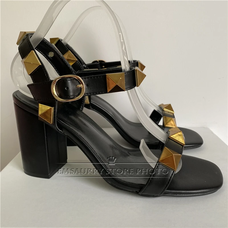 Genuine Leather Ankle Strap Sandals Women Sexy Open Toe Luxury Rivet Decor Med Heel Multicolor Party Shoes Summer