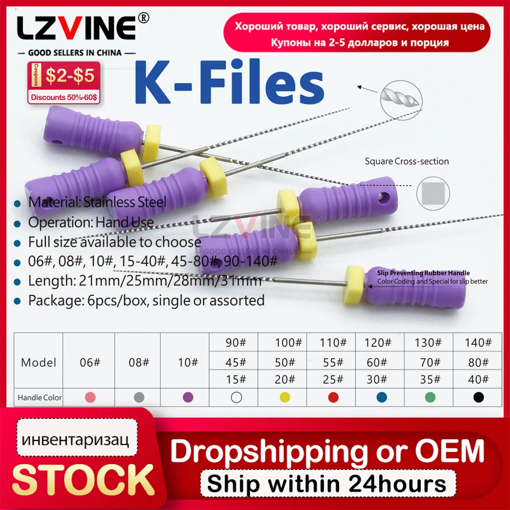 

6Pcs/Pack Dental Hand Use K-Files 21/25mm/31mm Stainless Steel Endodontic Root Canal Files Dentist Tools Dental Files Lab Needle