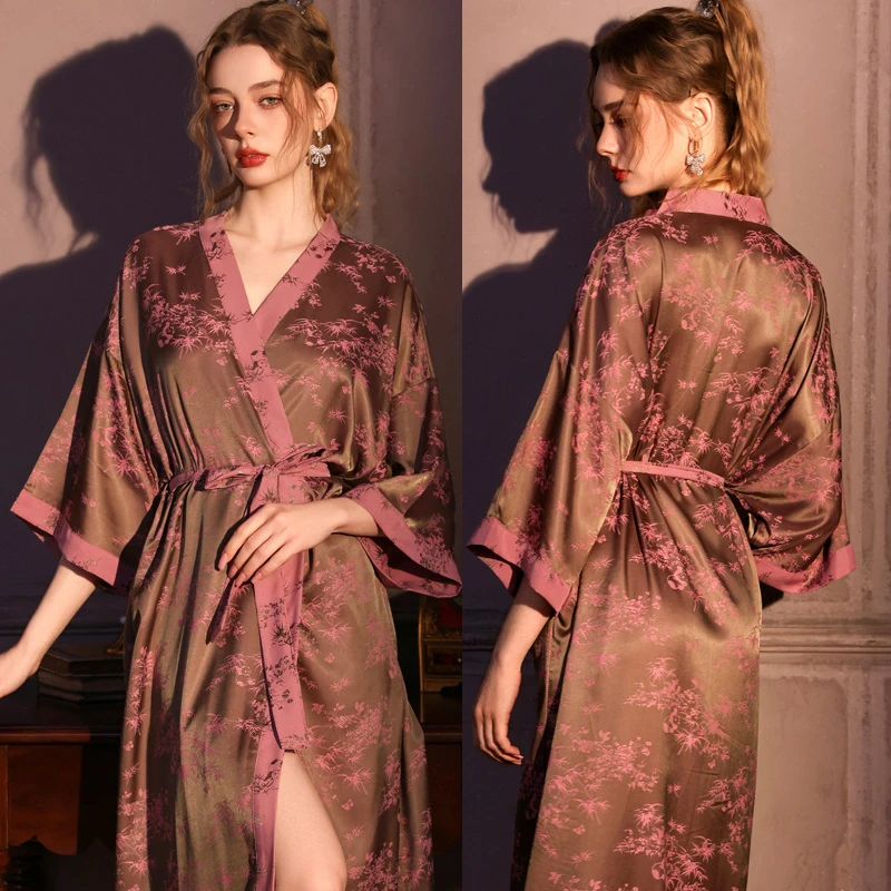 

Elegant Female Long Robe Home Dress Plus Size Jacquard Kimono Bathrobe Gown Sexy Satin Lingerie Sleepwear Loose Loungewear
