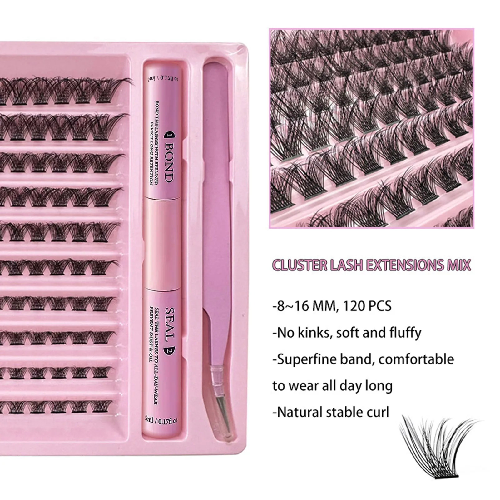 Kit de Extensões de Cílios Postiços, Conjunto de Lash Bond e Seal, Lashes Natural Long Cluster, Misture Cílios Individuais, Maquiagem, 120Pcs, 8-16mm