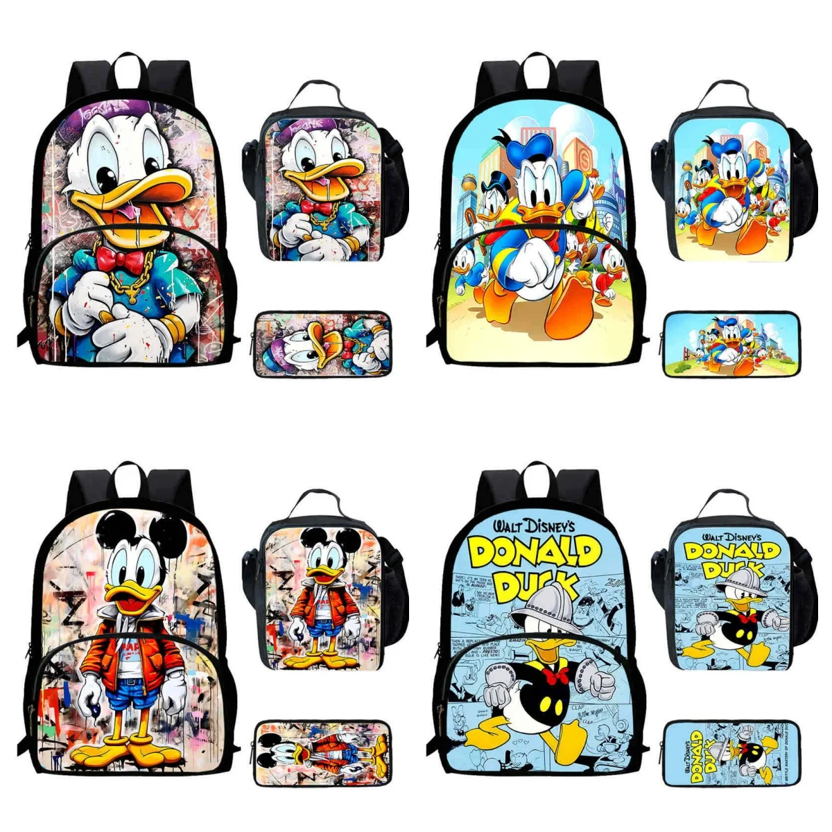 

3Pcs Set Disney Donald Duck School Backpack with Front Pouch,Lunch Bags,Pencil Bags ,Cartoon School Bags for Boy Girl