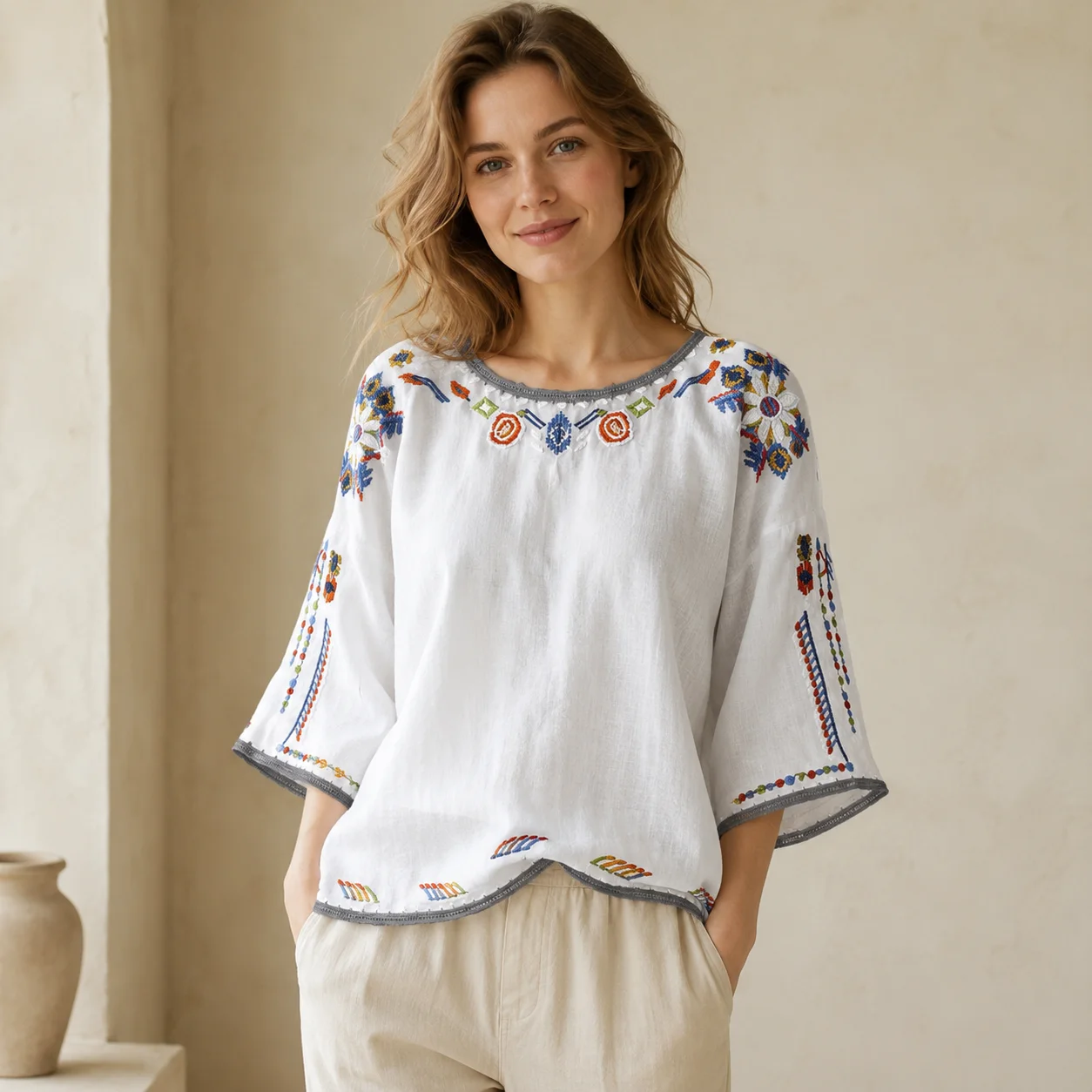 EOENKKY Women Floral Embroidered Boho Blouse Loose Fit Cotton Blend Round Neck Elbow Sleeve Summer Tunic Top M-2XL