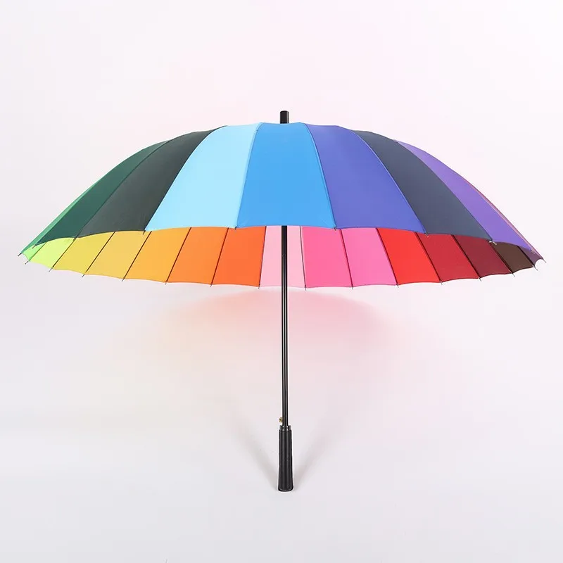 24-Rib Long Straight Handle Rainbow Umbrella, Wholesale Oversized Sturdy Windproof Dual-Use Sun Rain Umbrella for Men and Women