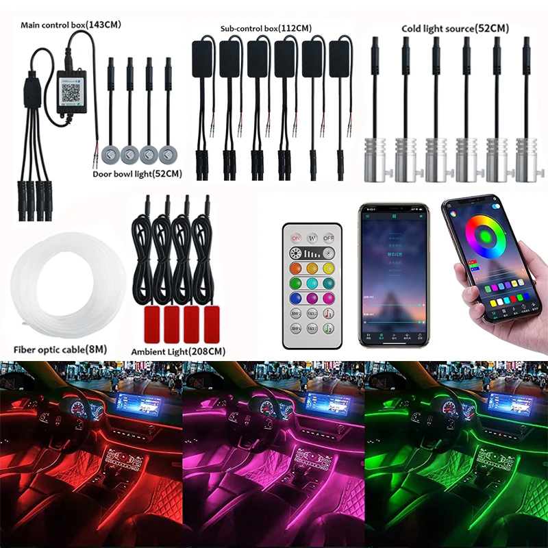 14 In 1 LED Atmosphere RGB Light Strip Car Interior Ambient Light Fiber Optic Backlight Music By App Remote Decorative Neon Lamp