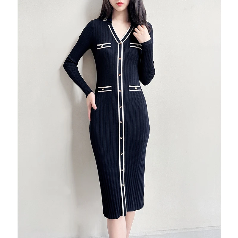 UK Fashion Navy Blue /White Polo Shirt Knitted Midi Dress XS -XL