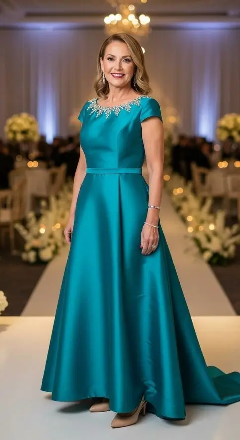 

Customied Blue Mother of the Bride Dresses Satin Rhinestone with Sash A Line Mother of Groom Formal Party Gowns