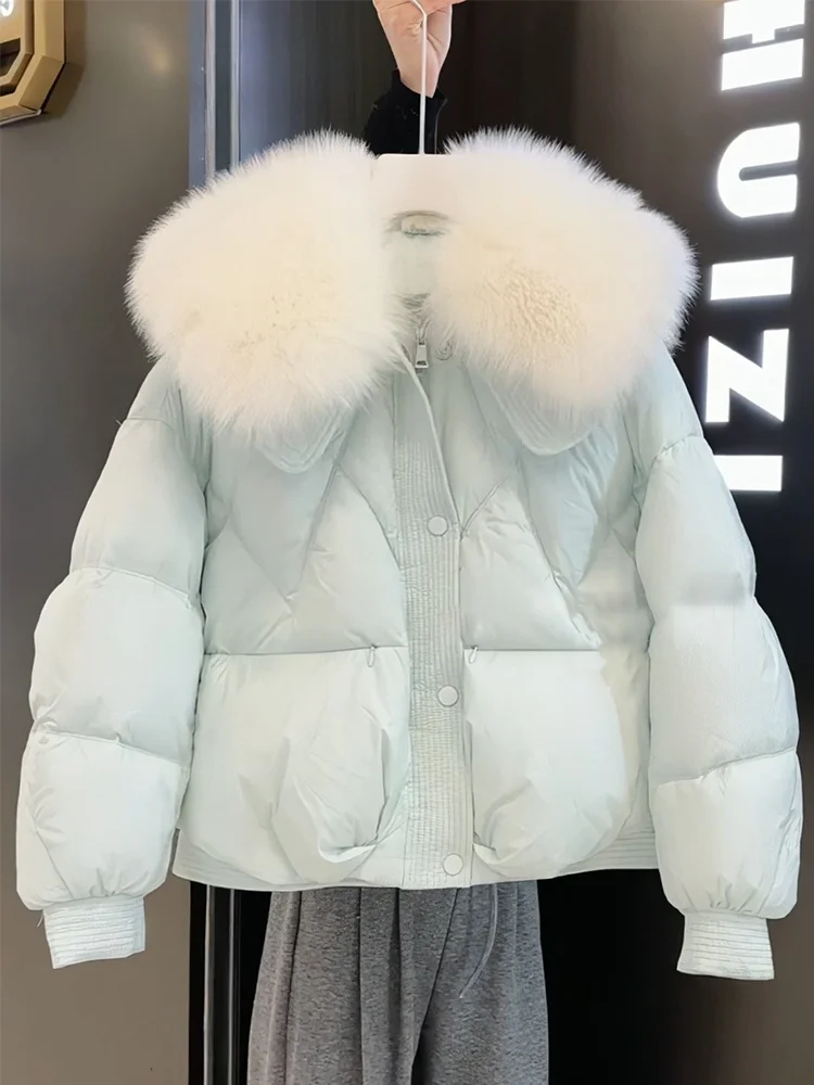 

Korean Sweet Soft Light Blue Fur Collar ort Cotton Coat Warm Loose Design Cute Aging Outerwear Polyester Fiber Long Sve