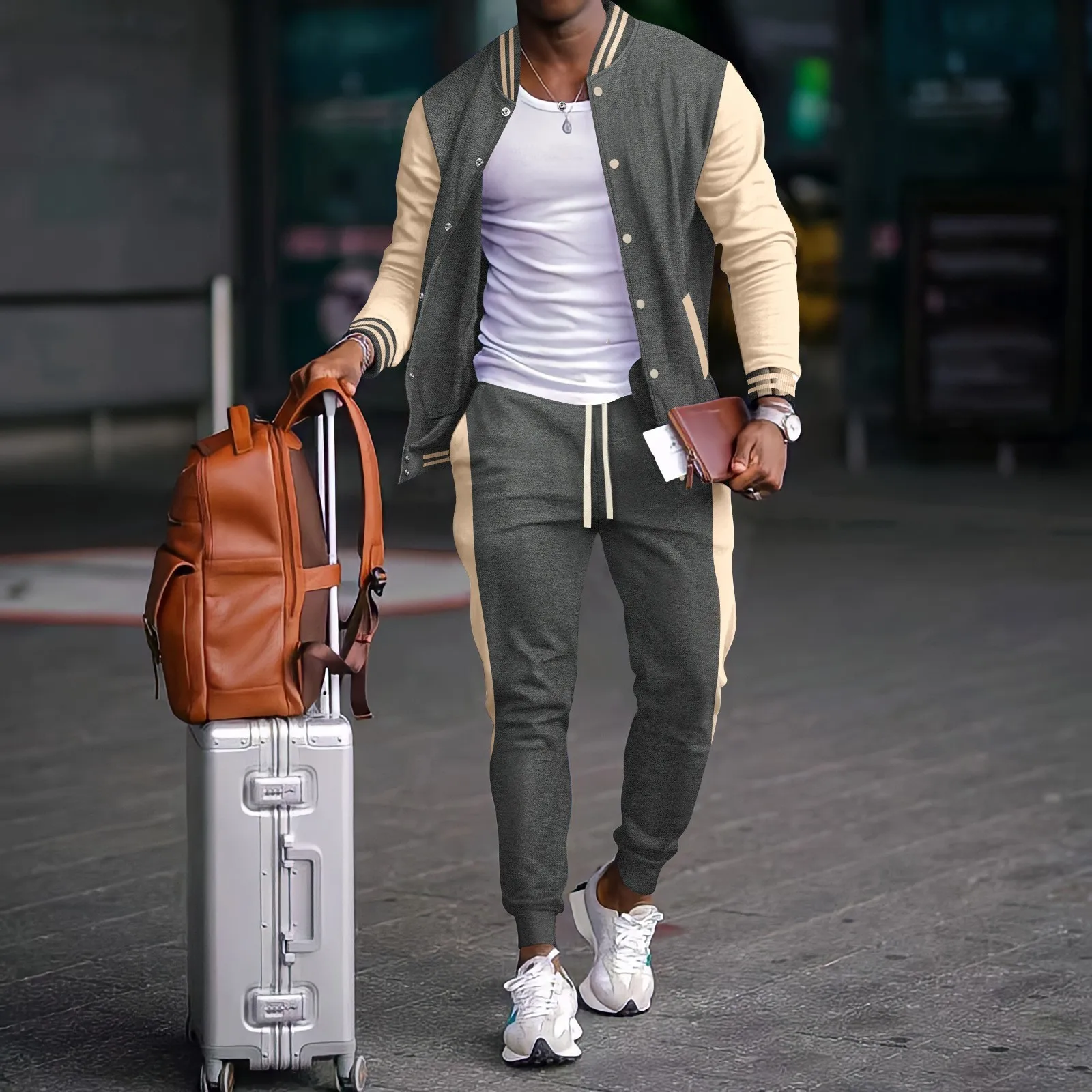 2024 cross-border men's fall and winter new baseball wear casual cardigan coat matching color sports pants suit