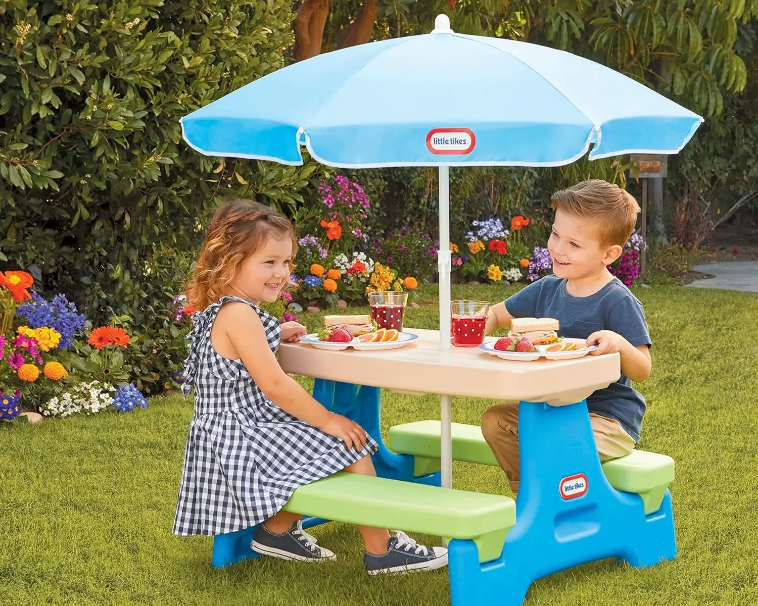 Easy Store Picnic Table with Umbrella, Multi Color, 42.00''L x 38.00''W x 19.75''H