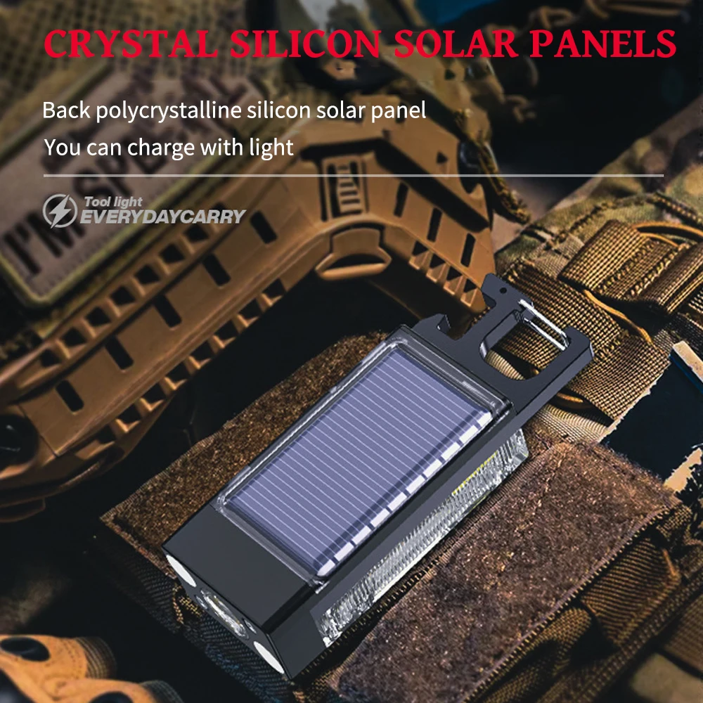 سلسلة مفاتيح COB تعمل بالطاقة الشمسية، مصباح يدوي صغير قابل لإعادة الشحن من النوع C مع مغناطيس لإصلاح التخييم مع فلاش انفجار أحمر أزرق