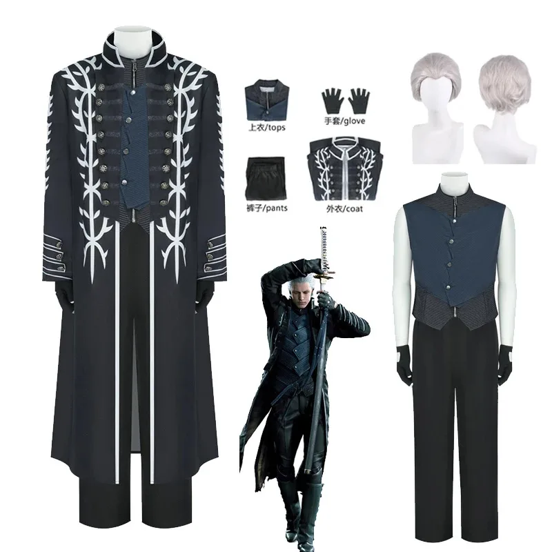 4PCS Game DMC5 Cosplay Vergil Uniform Wig Nelo Angelo Outfit With Glove Halloween Carnival Men Suit Jacket Vest Costume