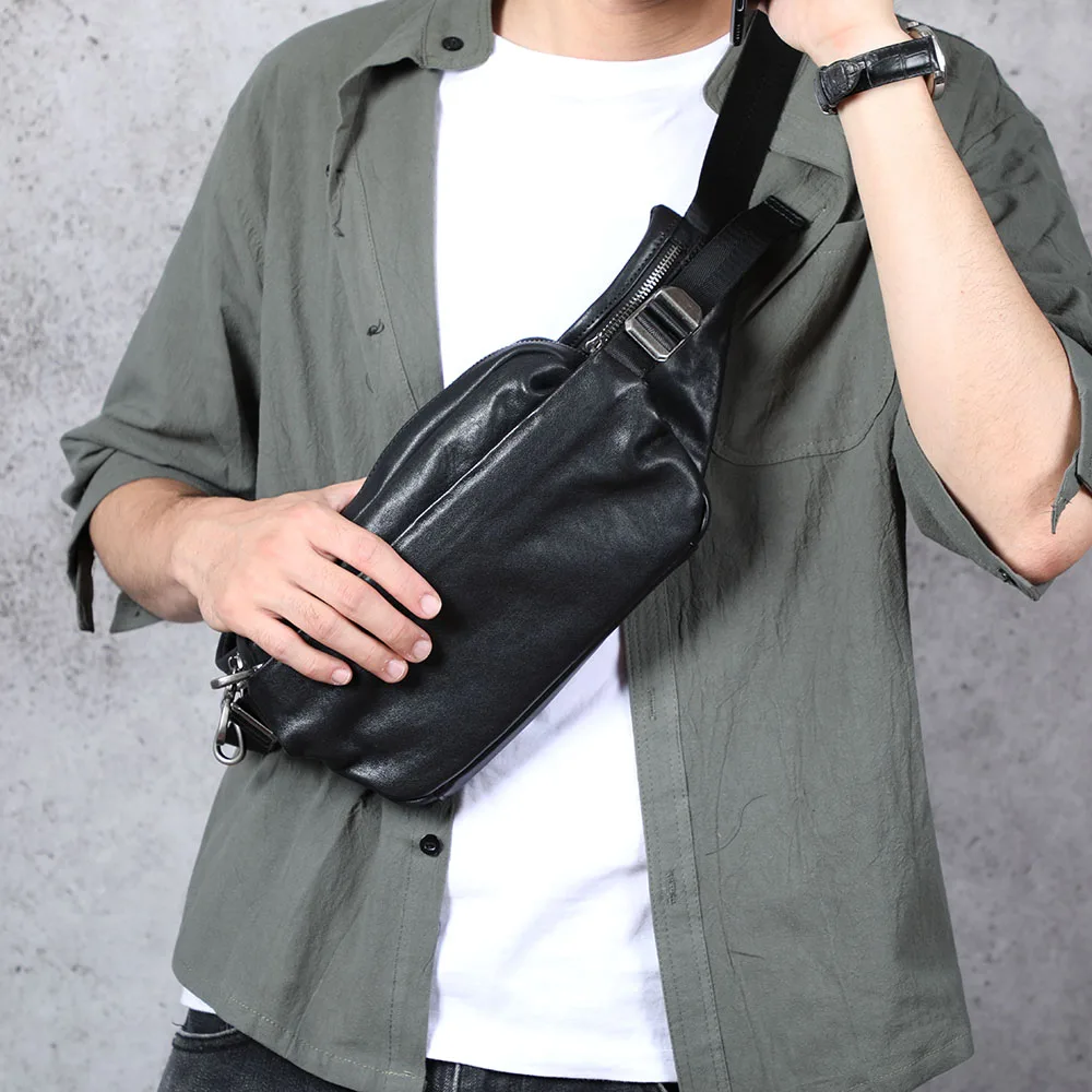 S.WORKER Premium Echtleder Herren-Brusttasche Modische Vollnarbenleder-Umhängetasche für Männer Schultertasche Sling Bag – Detail 4