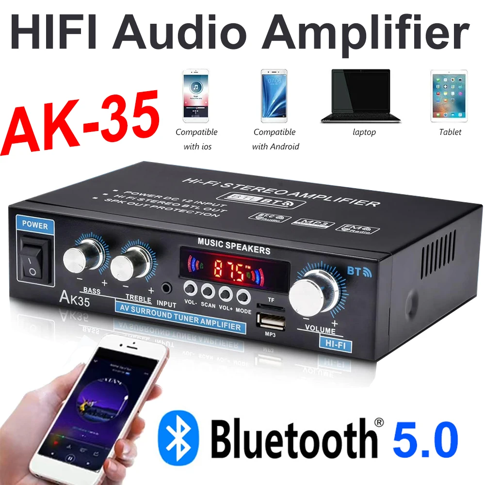 HiFi Stereo Digital Audio Amplifier Bluetooth 5.0 Receiver AK35 2.0 Channel Sound Amplifier Receiver FM RCA USB Remote Control