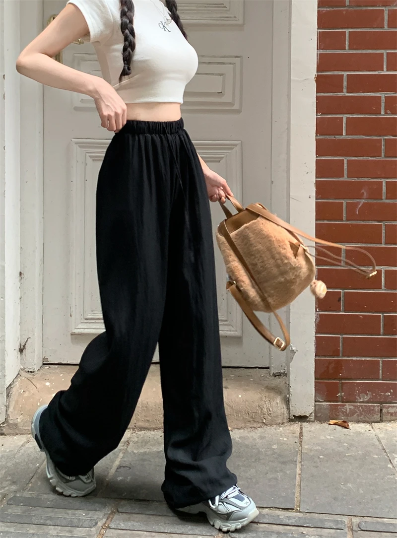 2024 Summer New Vertical Loose Casual Wide Leg Pants High Waist Draw Rope Straight Pants Women