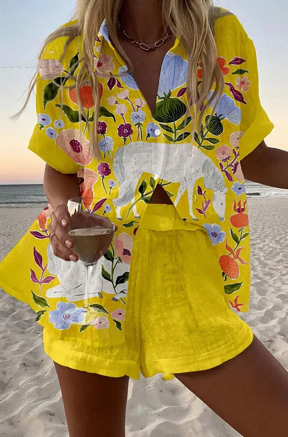 Women New Printed Short Sleeve Shirt Women's Shorts Set New Casual Loose Fashion Beach Vacation Style Shorts Women's 2-Piece Set