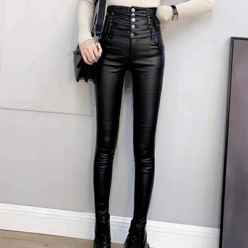 Women High Waisted Faux Leather Pants PU Leggings Single-Breasted Plus Velvet Matte Skinny Leggings Black Sexy Pencil Pants C275