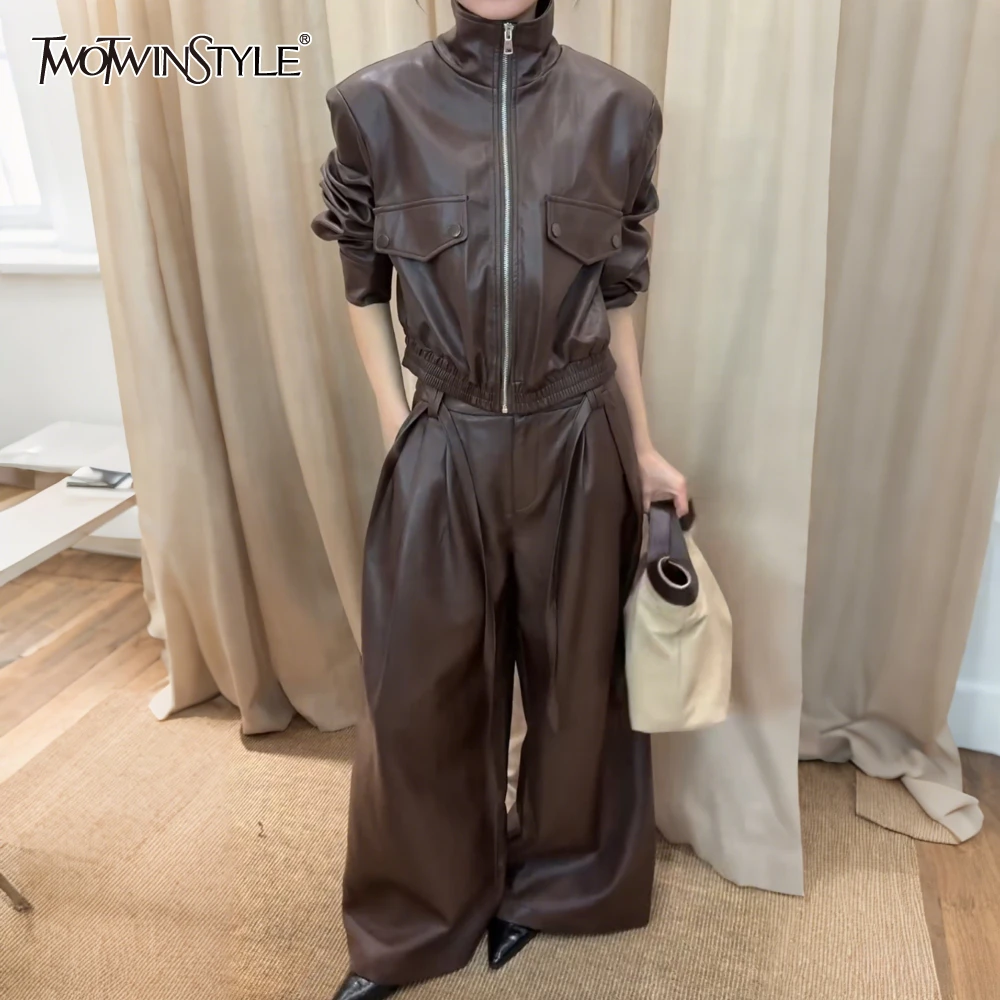 

TWOTWINSTYLE Solid Spliced Zipper Two Piece Set Female Turtleneck Long Sleeve Jacket Cool Women's Trousers Set Fashion New Style