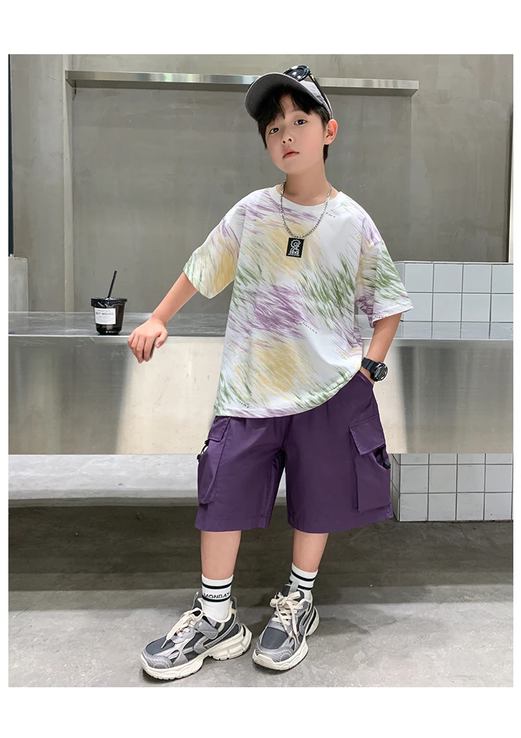2-teiliges Set für Jungen im Alter von 5-14 Jahren, Teenager-Kinderbekleidung, neuer Sommeranzug für Kinder, Kurzarm-T-Shirt + Shorts, lässiges Street-Outfit. – Detail 6