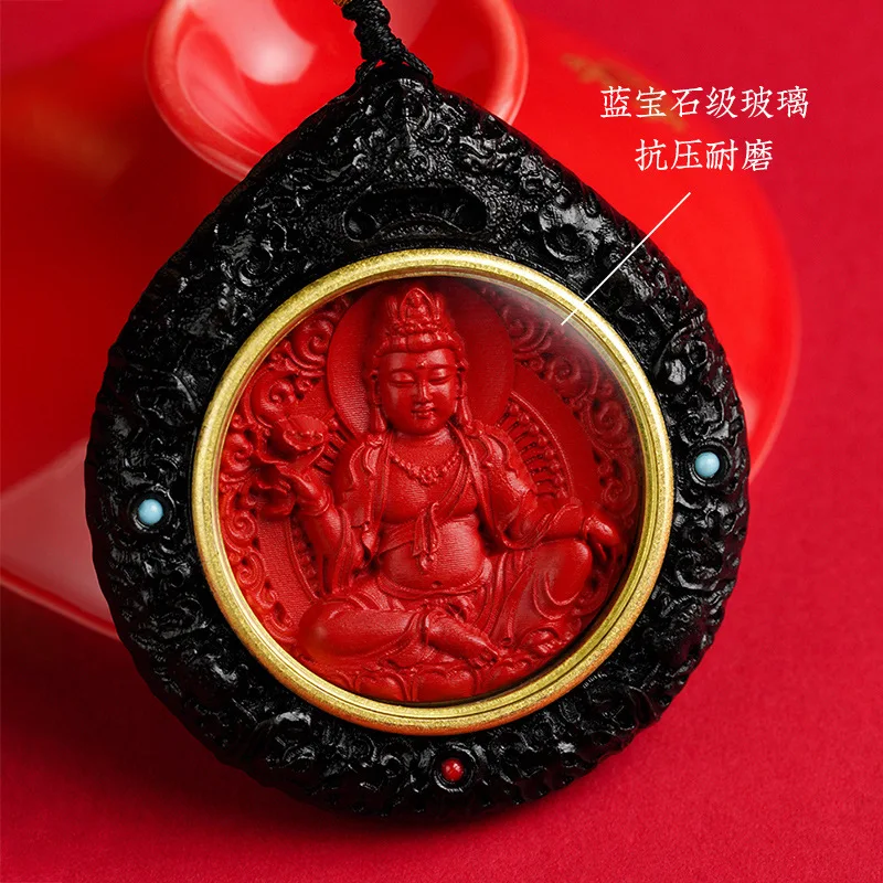Chinese Style Cinnabar Patron Saint Buddha Pendant Ebony Frame 12 Zodiac Lucky Necklace Blessing Wealth Amulet Jewelry For Men