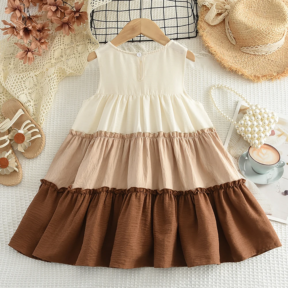 Summer New Korean Version Daily Girls 1-7 Years Old Fashionable Casual Gradient Color Round Neck Sleeveless splice Dress