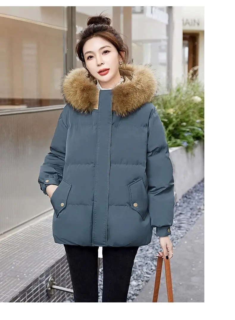 Down Cotton Jacket For Women Short Thickened 2026 Winter New Big Fur Collar Loose Cotton Coat Women's Warm Hooded Jackets Parker