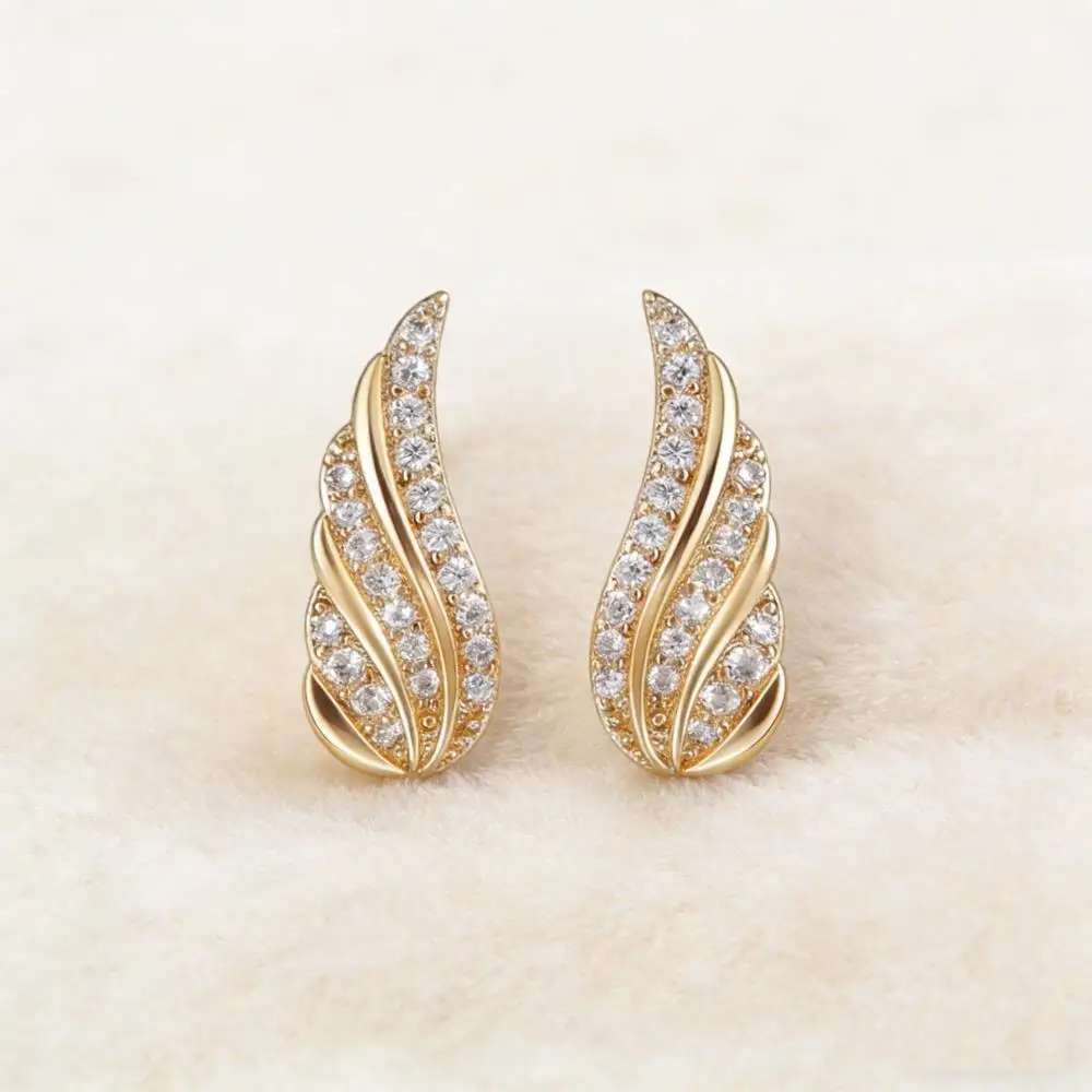 Cute Small Angel Wings Feather Stud Earrings For Women Gold Color Zircon Ear Studs Female Daily Party Jewelry Gifts