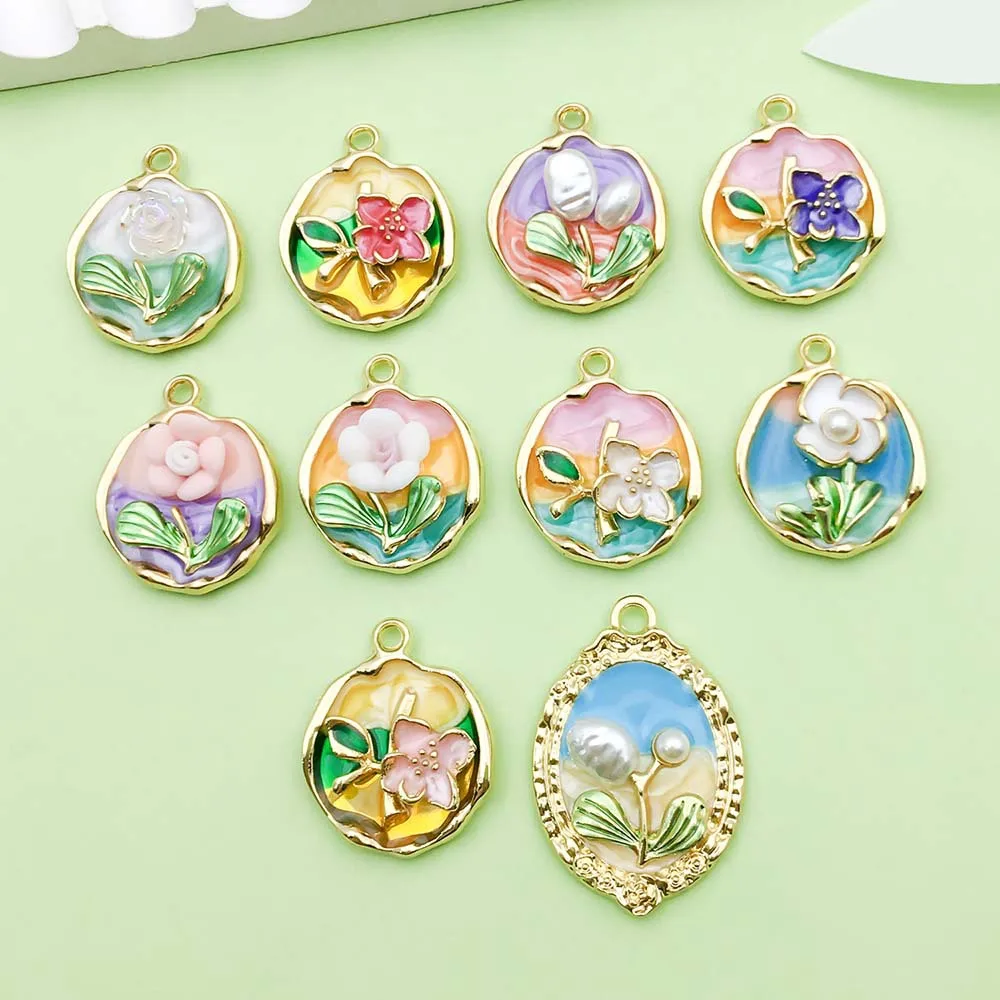 

5pcs Colorful Enamel Oil Painting Charms Alloy Flower Pendants For DIY Bracelets Necklaces Keychain Jewelry Making Accessories