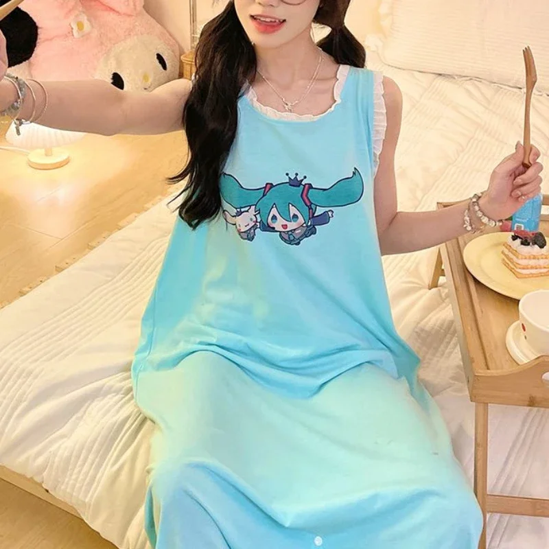 Hatsune Miku pijama de algodão, camisola de uma peça, roupa bonita do anime, verão