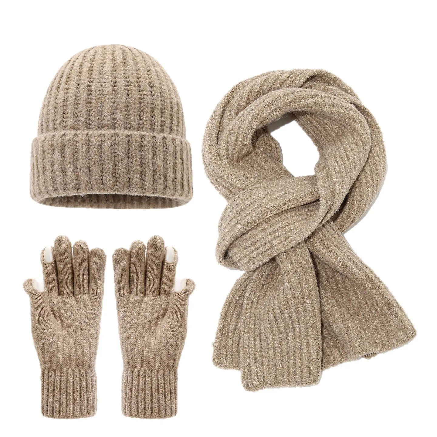 Women Knitted Hat Scarf Gloves Set Warm Winter Outdoor Thickened Suit for Cycling Screen Touch Gloves Hat Scarf Three-piece Set