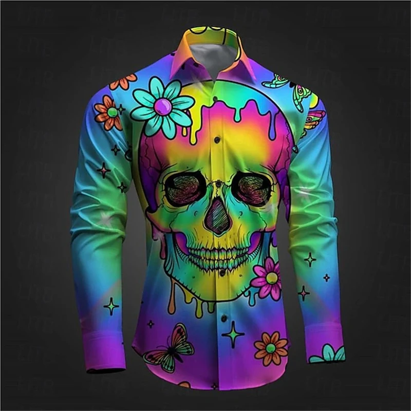 Optical Illusion Skeleton Men's Subcultual Hippie Abstract 3D Printed Shirt Daily Wear Out Spring Turndown Long Sleeve Shirts