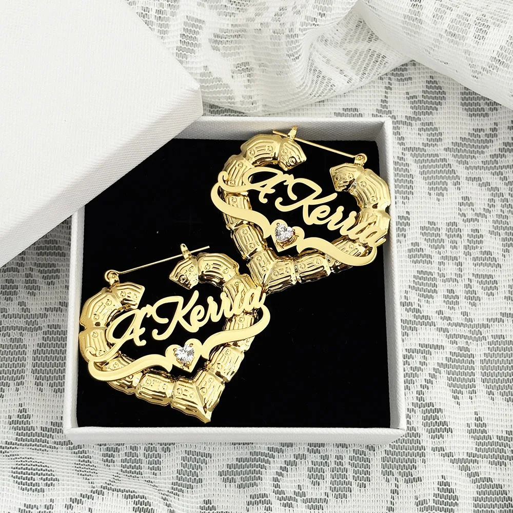 Custom Name Heart Bamboo Hoop Earrings For Women Personalized Thick Twisted Earring With Birthstone Zircon Jewelry Gift For Her