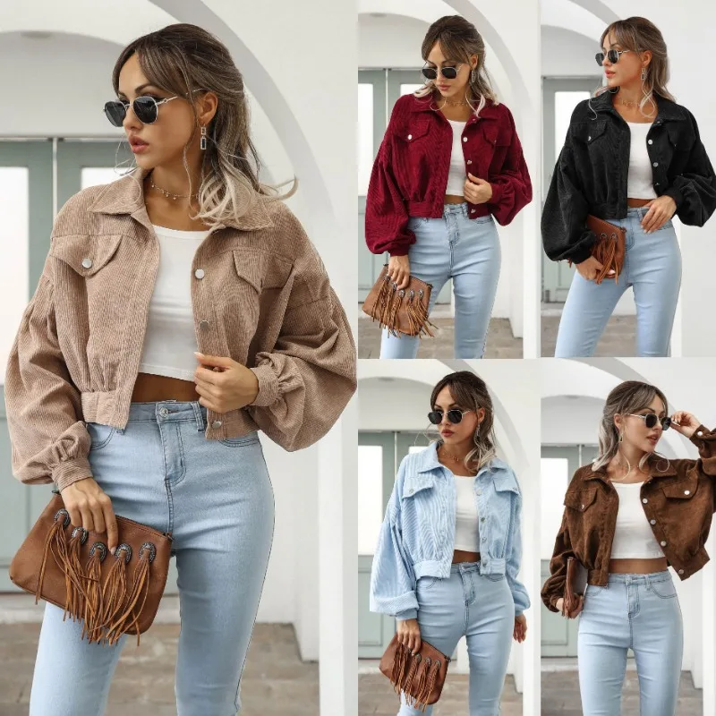 

2023 European and American Autumn and Winter Casual Polo Corduroy Jacket Lantern Sleeve Single breasted Short Coat Women's Wear