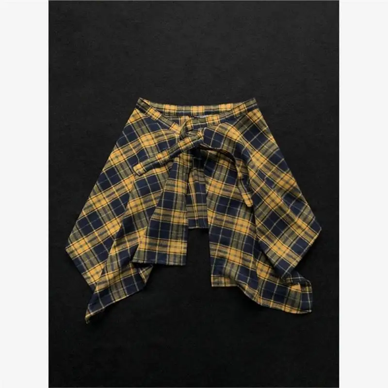กระโปรงลายสก็อตสีเหลืองสไตล์เกาหลีสำหรับฤดูร้อน กระโปรงคลุมสะโพกแบบมีเข็มขัดสำหรับผู้หญิง ป้องกันแสงแดด เหมาะสำหรับเต้นรำและใช้เป็นผ้าคลุมก้น
